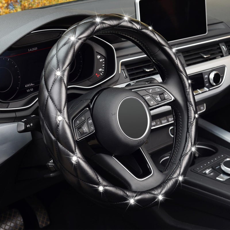 KAFEEK Diamond Soft Leather Steering Wheel Cover with Bling Bling Crystal Rhinestones, Universal 15 inch Anti-Slip, Car Interior Accessories for Women Girls, Black - Image 1